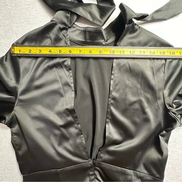 NWT Commense Satin Mock Neck Tie Back Black Short Dress Size Medium - Picture 10 of 13